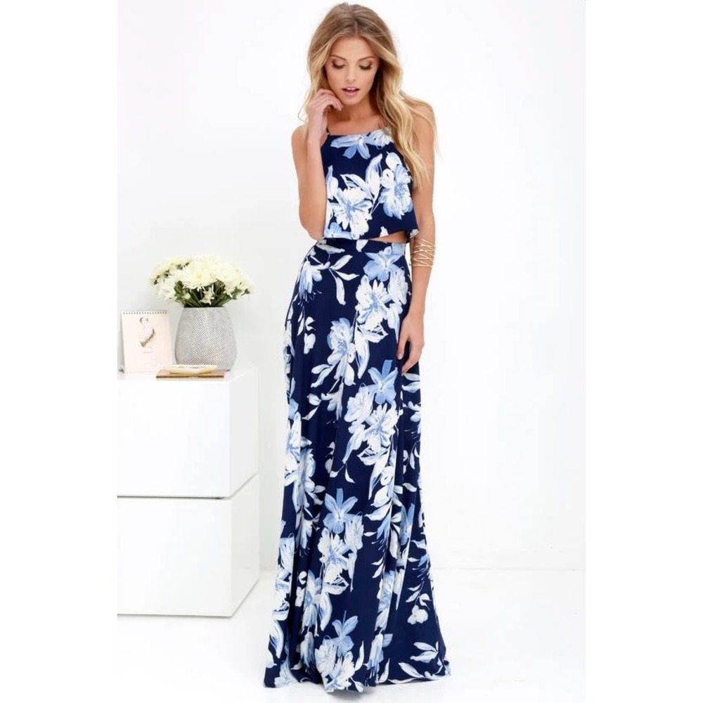 Lulus Navy Blue Floral Two Piece Maxi Skirt and Crop Top Set XS NWT
